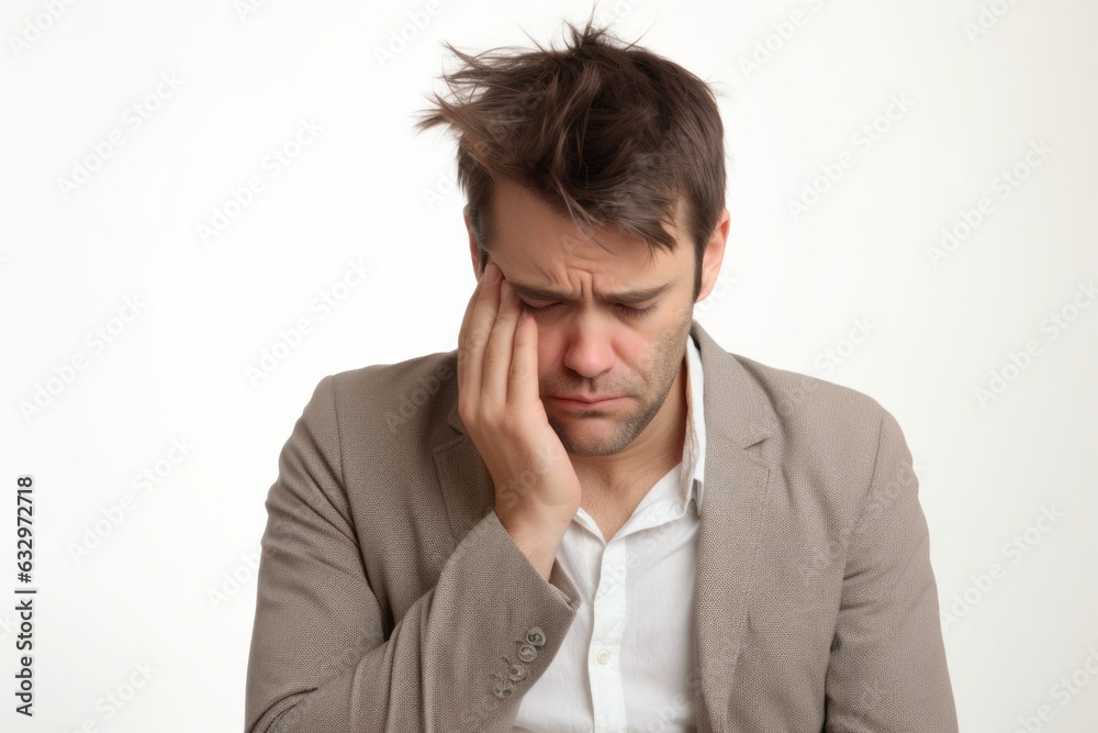 Medium shot portrait photography of a man in his 30s appearing tired and down due to hypothyroidism wearing a chic cardigan against a white background Medium shot portrait photography of a man in his 30s appearing tired and down due to hypothyroidism wearing a chic cardigan against a white background