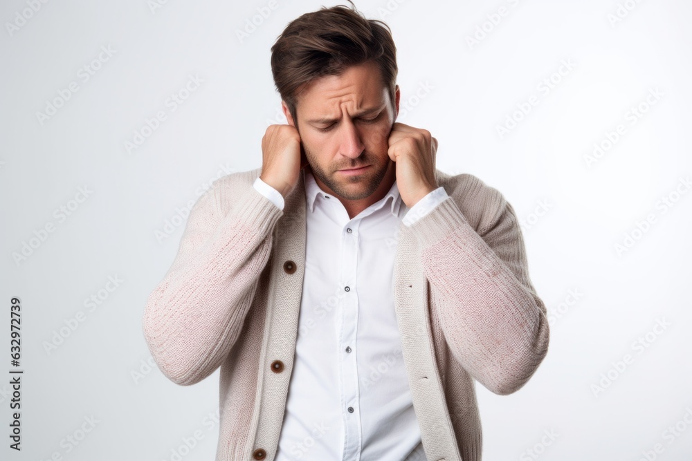Lifestyle portrait photography of a man in his 30s appearing tired and down due to hypothyroidism wearing a chic cardigan against a white background Lifestyle portrait photography of a man in his 30s appearing tired and down due to hypothyroidism wearing a chic cardigan against a white background