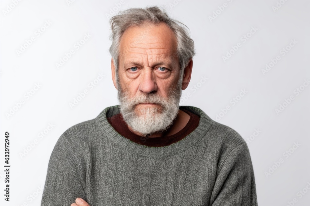 Medium shot portrait photography of a man in his 50s appearing tired and down due to hypothyroidism wearing a cozy sweater against a white background Medium shot portrait photography of a man in his 50s appearing tired and down due to hypothyroidism wearing a cozy sweater against a white background