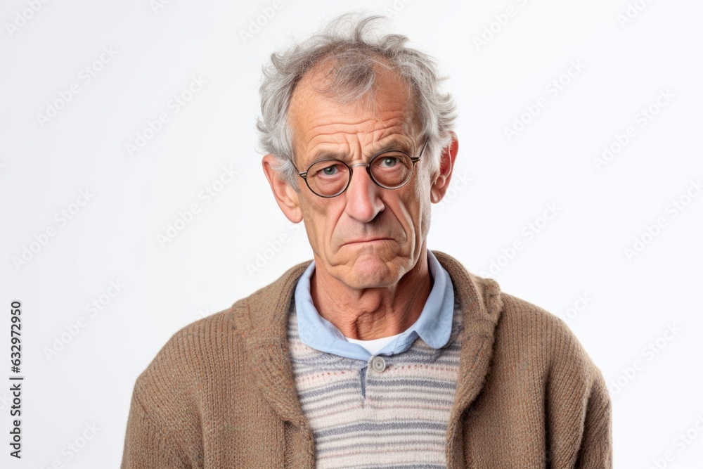 Medium shot portrait photography of a man in his 50s appearing tired and down due to hypothyroidism wearing a chic cardigan against a white background Medium shot portrait photography of a man in his 50s appearing tired and down due to hypothyroidism wearing a chic cardigan against a white background