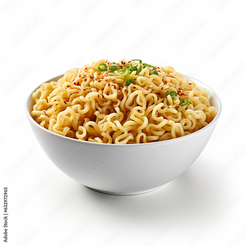 Bowl of instant noodles isolated on white background. With clipping path. Made with generative ai Bowl of instant noodles isolated on white background. With clipping path. Made with generative ai
