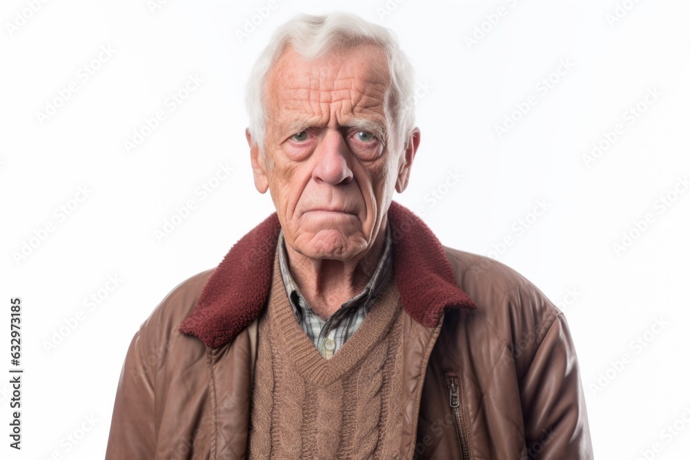 Group portrait photography of a man in his 80s appearing tired and down due to hypothyroidism wearing a chic cardigan against a white background Group portrait photography of a man in his 80s appearing tired and down due to hypothyroidism wearing a chic cardigan against a white background