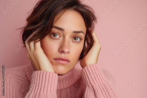 Close-up portrait photography of a woman in her 30s appearing tired and down due to hypothyroidism wearing a cozy sweater against a pastel or soft colors background 