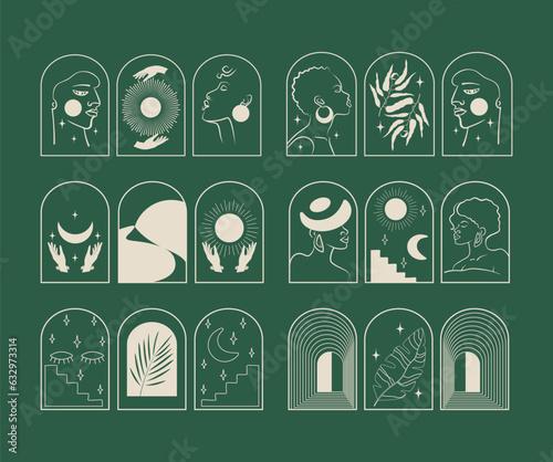 Set of vector linear aesthetic emblems with people and nature