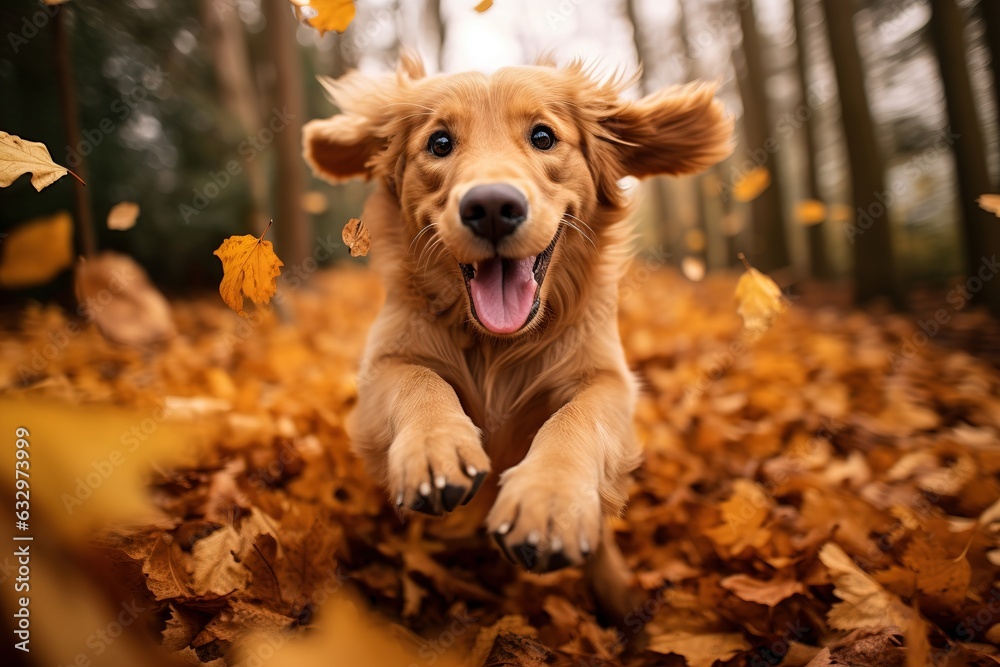  Happy Golden Retriever dog runs through autumn leaves in the park