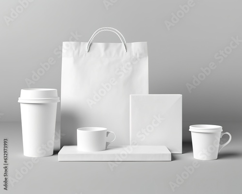Blank bag, coffee mug, and cup on a light background. 