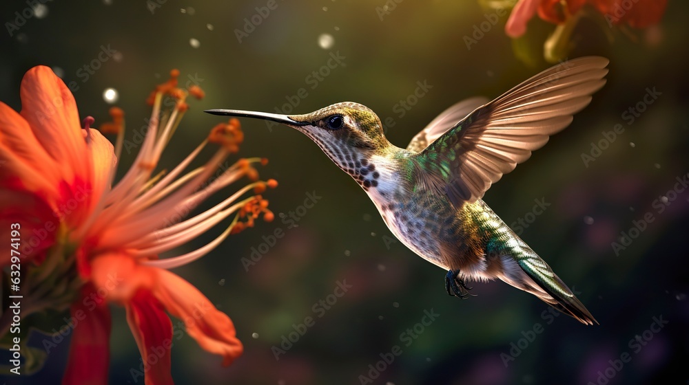 Hummingbird flying to pick up nectar from a beautiful flower. Digital artwork.