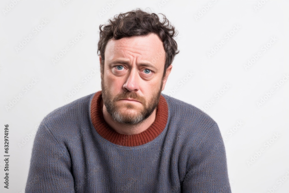 Group portrait photography of a man in his 30s showing tiredness and a worn-down expression due to chronic fatigue syndrome wearing a cozy sweater against a white background Group portrait photography of a man in his 30s showing tiredness and a worn-down expression due to chronic fatigue syndrome wearing a cozy sweater against a white background