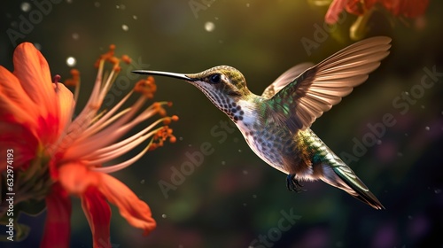 Hummingbird flying to pick up nectar from a beautiful flower. Digital artwork.