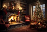 Craft holiday magic Christmas tree, fireplace, presents and heartwarming scene