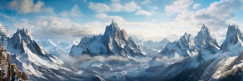 The beauty of a majestic and snow capped mountain range, with rugged peaks,  photo