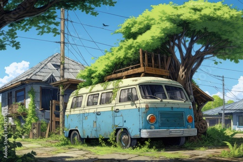 Anime illustration style, abandoned van car with house that tree grow on it behind