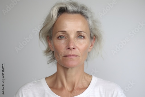 Medium shot portrait photography of a woman in her 40s showing tiredness and a worn-down expression due to chronic fatigue syndrome wearing a casual t-shirt against a white background 