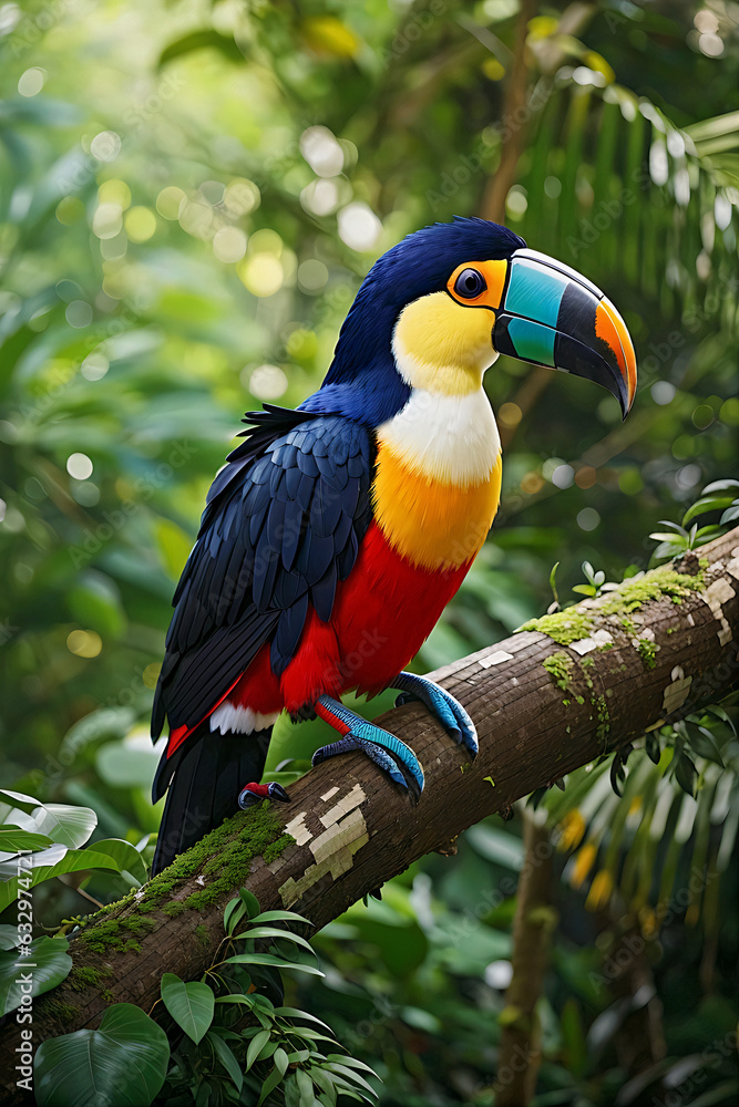 Fototapeta premium Beautiful colorful toucan bird on a branch in a rainforest