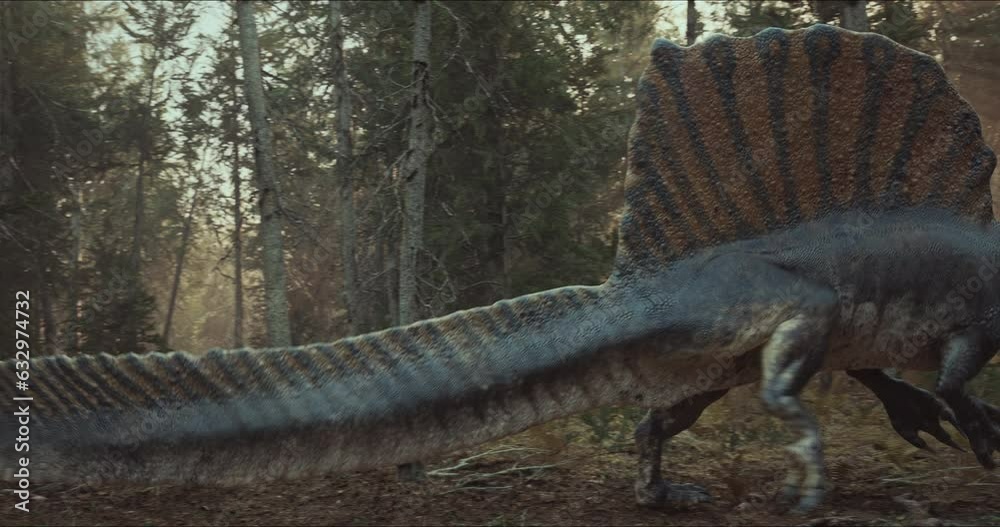 Spinosaurus dinosaurus hunts. A dinosaur in search of prey.