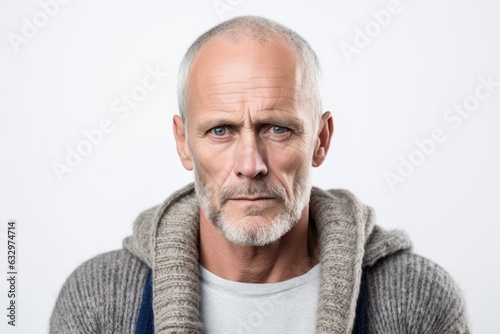 Medium shot portrait photography of a man in his 40s showing tiredness and a worn-down expression due to chronic fatigue syndrome wearing a chic cardigan against a white background 