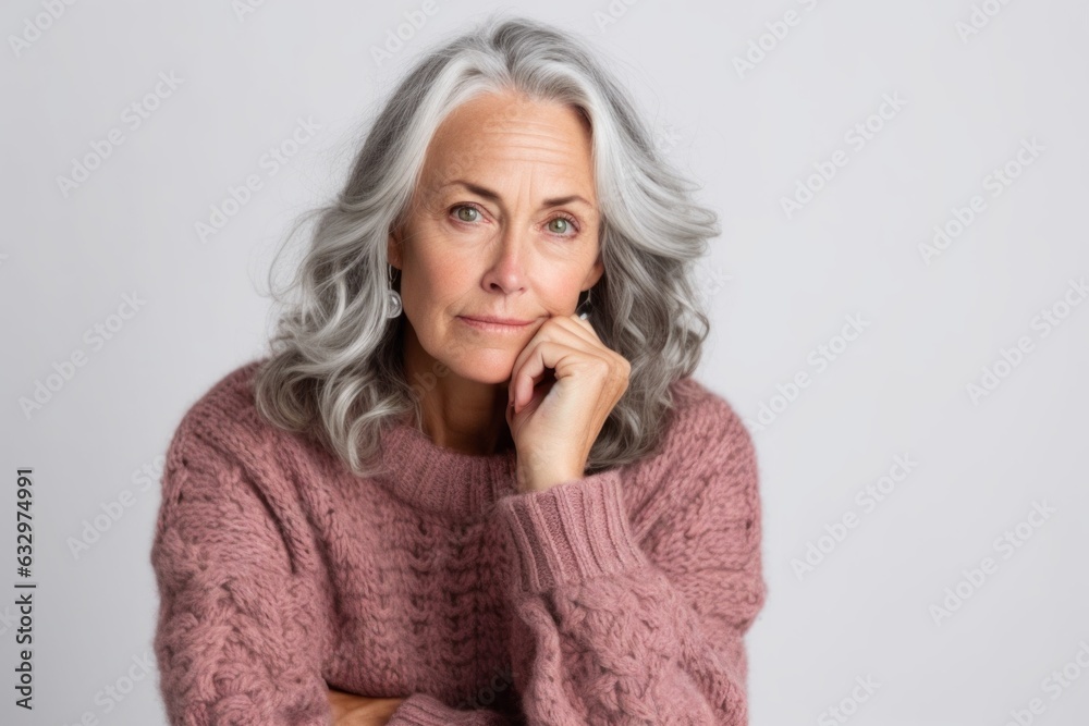 Medium shot portrait photography of a woman in her 50s showing tiredness and a worn-down expression due to chronic fatigue syndrome wearing a cozy sweater against a white background Medium shot portrait photography of a woman in her 50s showing tiredness and a worn-down expression due to chronic fatigue syndrome wearing a cozy sweater against a white background