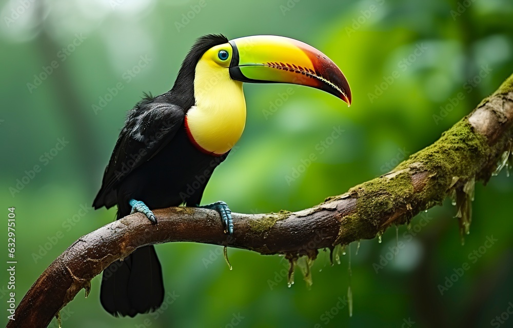 Fototapeta premium Chesnut mandibled Toucan sitting on the branch in tropical rain with a green jungle. 