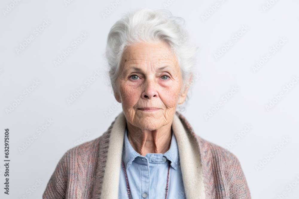 Lifestyle portrait photography of a woman in her 70s showing tiredness and a worn-down expression due to chronic fatigue syndrome wearing a chic cardigan against a white background Lifestyle portrait photography of a woman in her 70s showing tiredness and a worn-down expression due to chronic fatigue syndrome wearing a chic cardigan against a white background