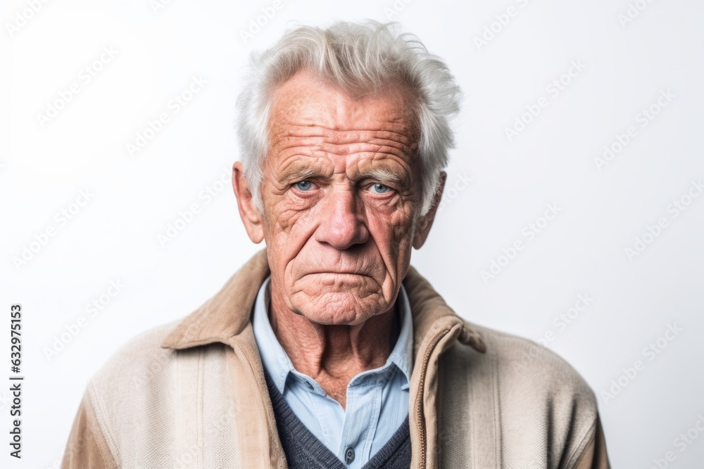 Medium shot portrait photography of a man in his 70s showing tiredness and a worn-down expression due to chronic fatigue syndrome wearing a chic cardigan against a white background Medium shot portrait photography of a man in his 70s showing tiredness and a worn-down expression due to chronic fatigue syndrome wearing a chic cardigan against a white background