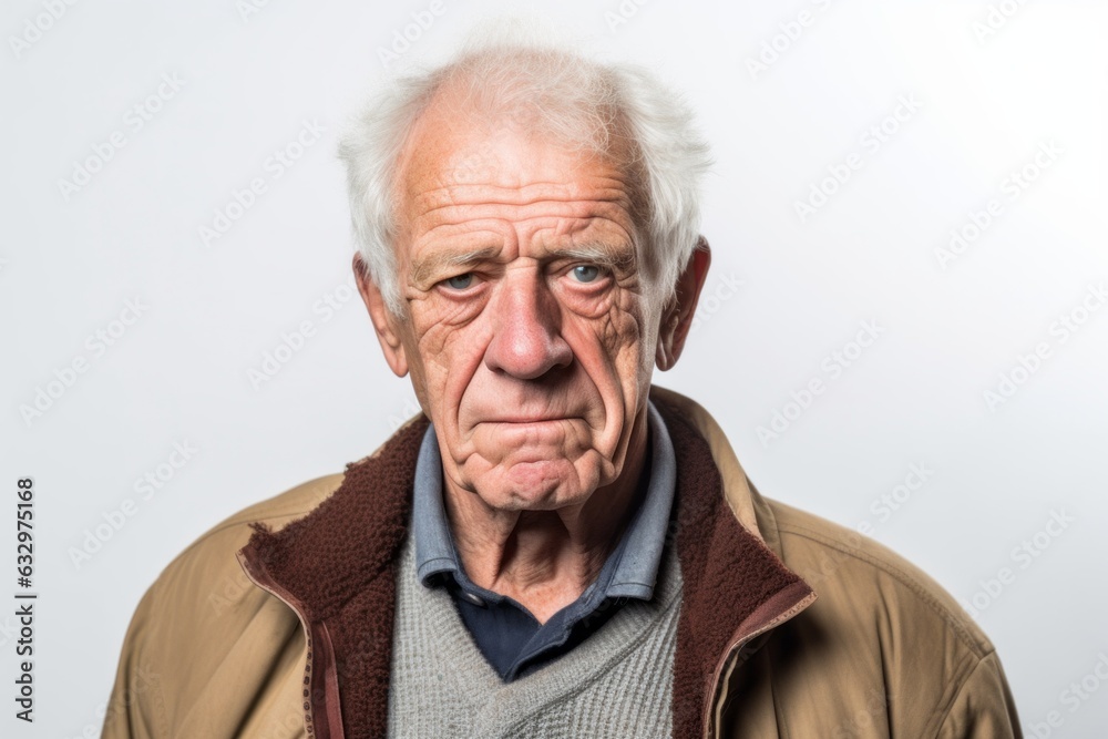 Medium shot portrait photography of a man in his 70s showing tiredness and a worn-down expression due to chronic fatigue syndrome wearing a chic cardigan against a white background Medium shot portrait photography of a man in his 70s showing tiredness and a worn-down expression due to chronic fatigue syndrome wearing a chic cardigan against a white background