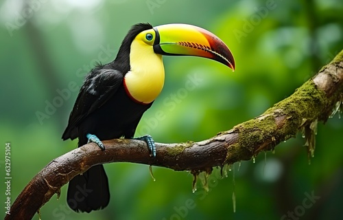 Chesnut mandibled Toucan sitting on the branch in tropical rain with a green jungle.  © MstAsma