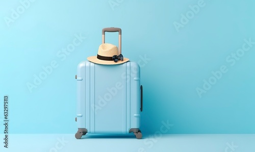 Blue suitcase with sunglasses on a pastel blue background. travel concept. 