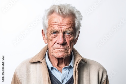Medium shot portrait photography of a man in his 70s showing tiredness and a worn-down expression due to chronic fatigue syndrome wearing a chic cardigan against a white background  © Leon Waltz
