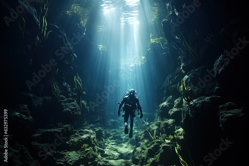 Deep-sea diver on the rays of the sun breaking through the water column. © Stavros
