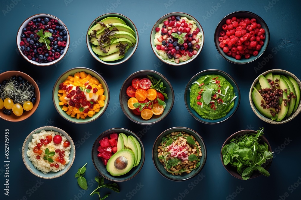 Table set with healthy food in bowls. Healthy salads.