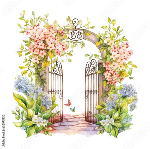 Metal garden gate surrounded by flowers watercolor paint