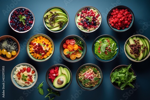 Table set with healthy food in bowls. Healthy salads.