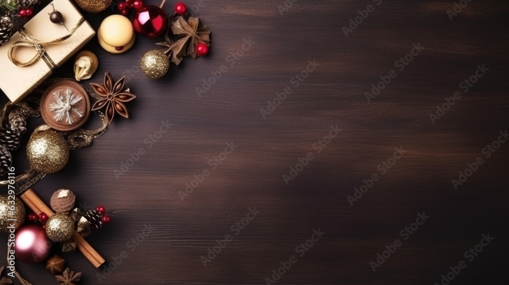 Naklejka premium christmas decoration on a wooden background