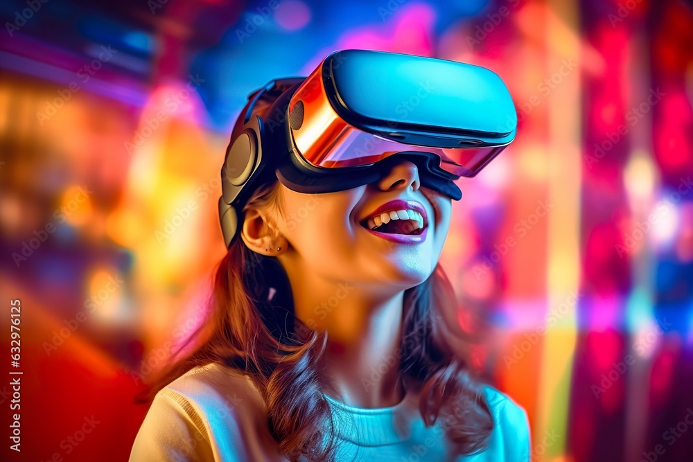 portrait of a smiling woman in casual clothes wearing Virtual Reality glasses, and playing, neo light, blurred neo color background, portrait of a smiling woman in casual clothes wearing Virtual Reality glasses, and playing, neo light, blurred neo color background,