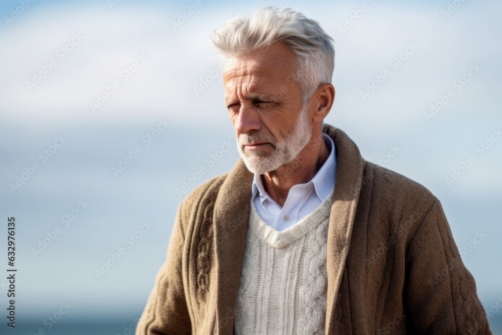 Lifestyle portrait photography of a man in his 50s showing tiredness and a worn-down expression due to chronic fatigue syndrome wearing a chic cardigan against a sky background 