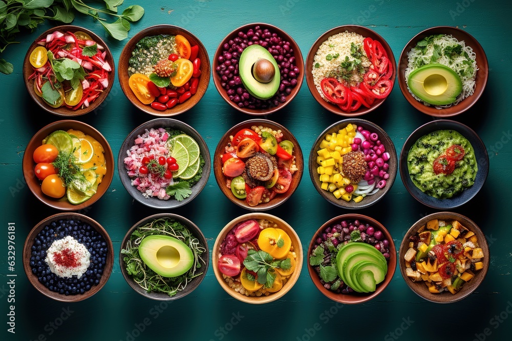 Table set with healthy food in bowls. Healthy salads.