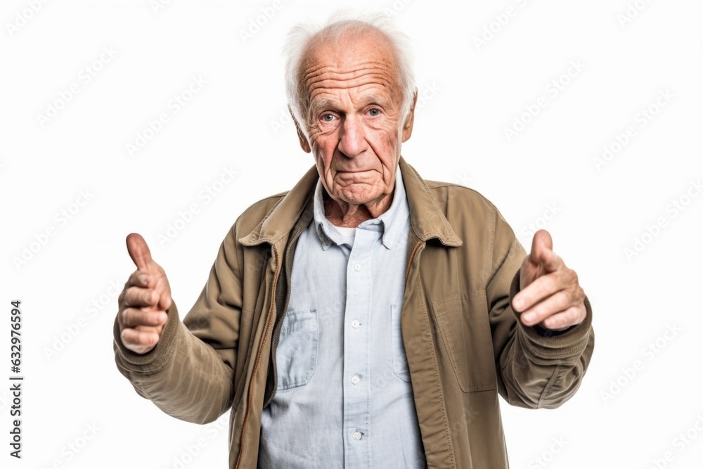 Medium shot portrait photography of a man in his 70s with a trembling hand and pained expression due to Parkinson disease wearing a chic cardigan against a white background Medium shot portrait photography of a man in his 70s with a trembling hand and pained expression due to Parkinson disease wearing a chic cardigan against a white background