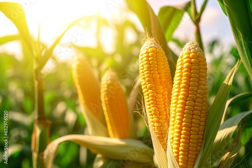Closeup corn cobs in corn plantation field.