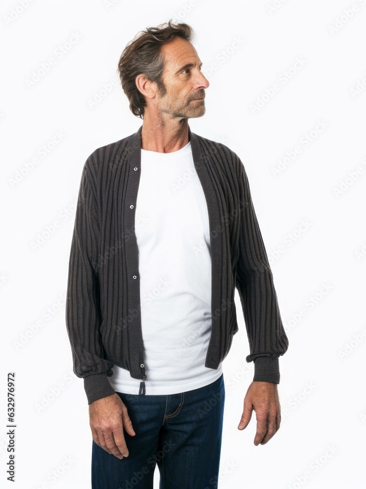 Medium shot portrait photography of a man in his 40s attempting to straighten his posture due to scoliosis wearing a chic cardigan against a white background Medium shot portrait photography of a man in his 40s attempting to straighten his posture due to scoliosis wearing a chic cardigan against a white background