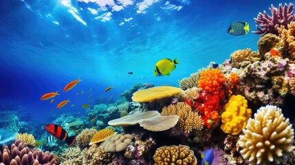 Ocean coral reef underwater. Sea world under water background. Beautiful view of sea life. Ecosystem. AI photography..