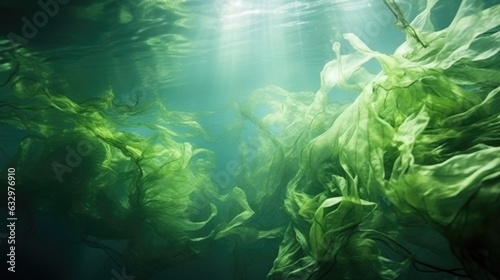 Seaweed and natural sunlight underwater seascape in the ocean. landscape with seaweeds. Marine sea bottom. AI photography.