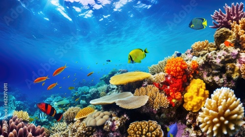 Ocean coral reef underwater. Sea world under water background. Beautiful view of sea life. Ecosystem. AI photography.. photo