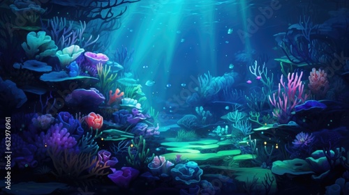 Underwater world scene with colorful coral reef. Under the sea background. Marine Life Landscape. Ocean water world. AI illustration..