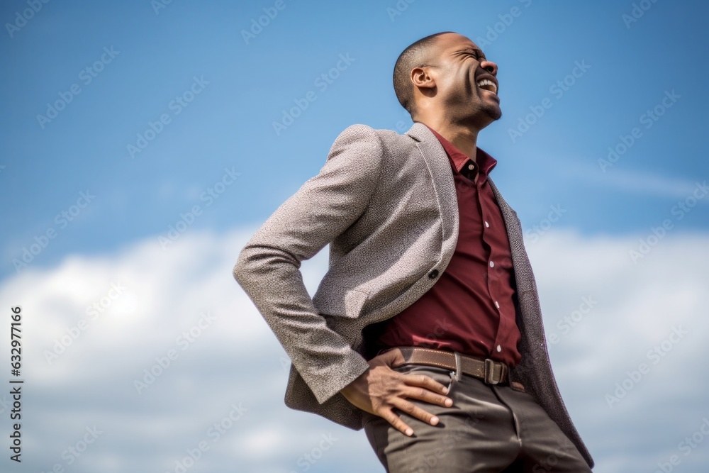 Medium shot portrait photography of a man in his 30s wincing with pain and holding his lower back due to sciatica wearing a chic cardigan against a sky and clouds background Medium shot portrait photography of a man in his 30s wincing with pain and holding his lower back due to sciatica wearing a chic cardigan against a sky and clouds background