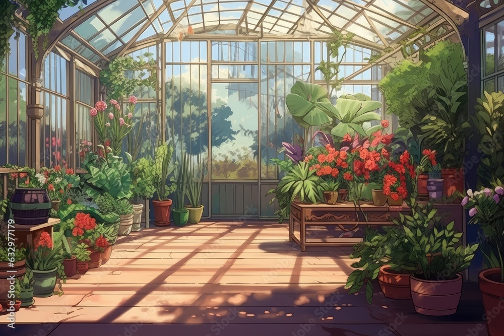 anime style background, game background, plants in greenhouse, garden, store, nursery, botanical