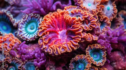 Coral reef underwater texture. Vivid corals. Undersea bottom texture. Underwater life scene. AI illustration.