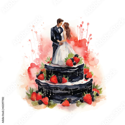 Wedding Cake with couple watercolor hand painted