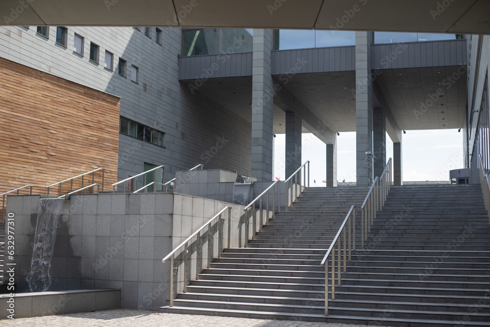 Modern architecture of Wroclaw - stairs and fountain
