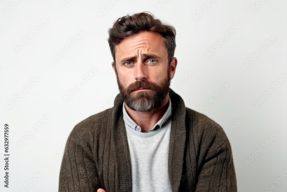 Obraz premium Medium shot portrait photography of a man in his 30s with a somber and deeply sad expression due to major depression wearing a chic cardigan against a white background 