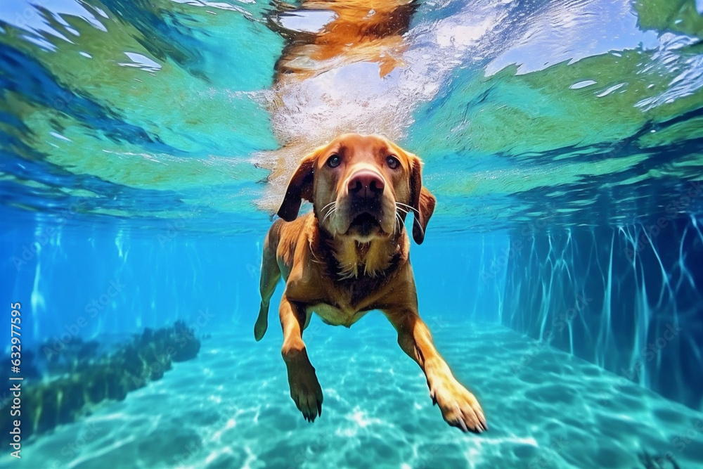 dog snorkeling funny puppy pool fun vacation swimming water underwater. Generative AI.